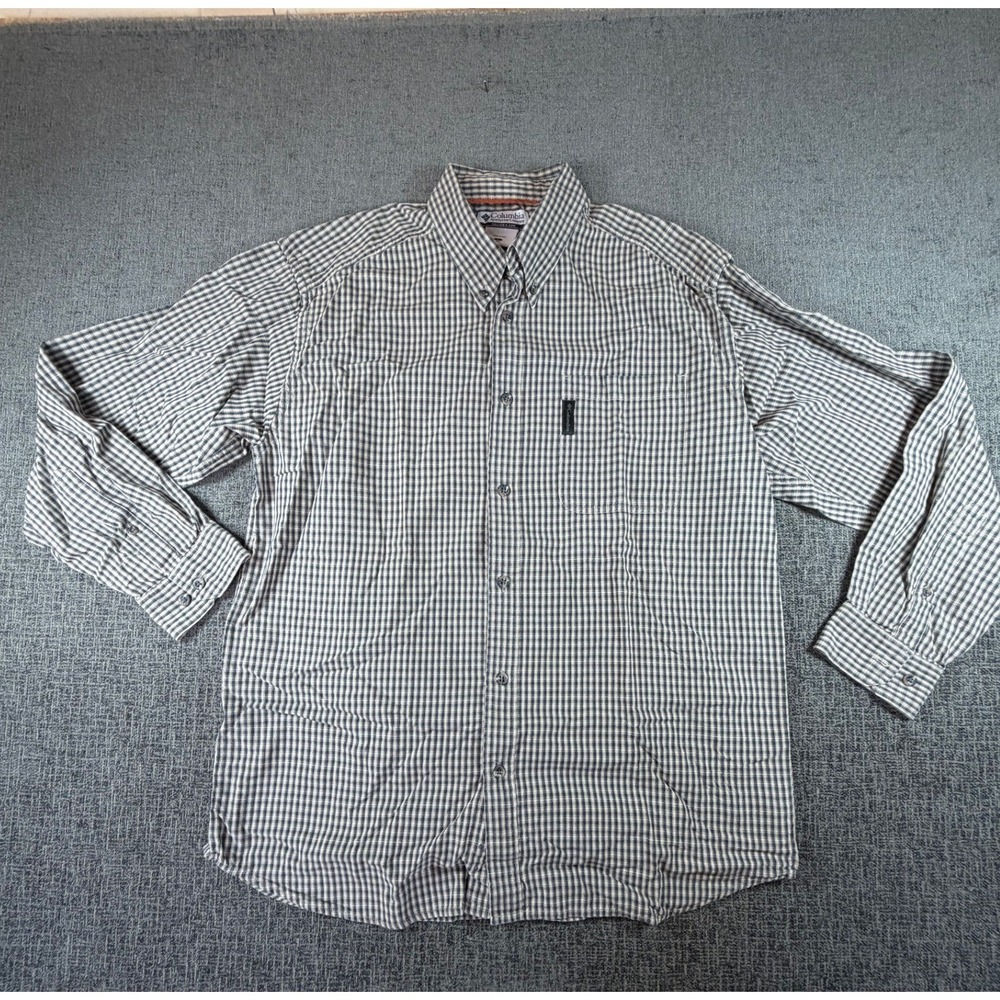 Columbia Mens Large Gingham Button Down Shirt Long Sleeve Navy White XM7938